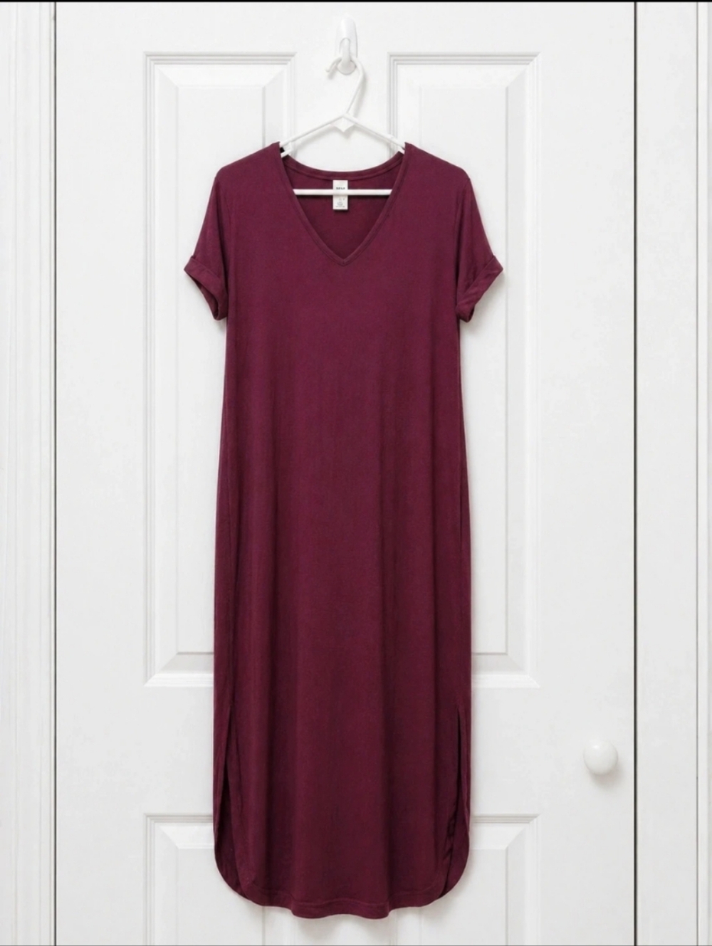 It’s Burgundy T Shirt Dress Women’s V Neck Midi Casual Short Sleeve Pockets